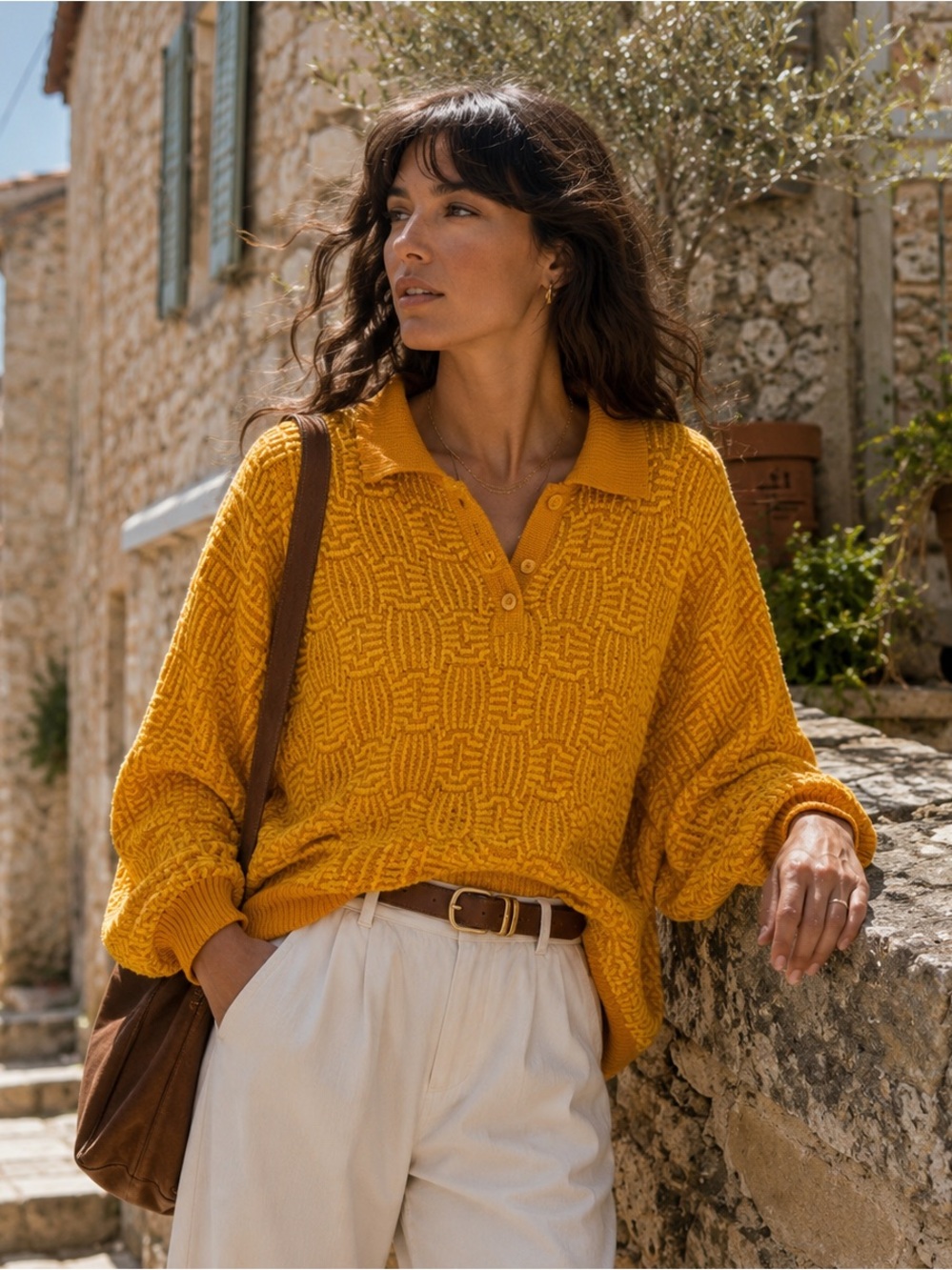 Vintage Geometric Knit Polo Sweater Mustard Yellow Cotton Size 32 Retro 90s